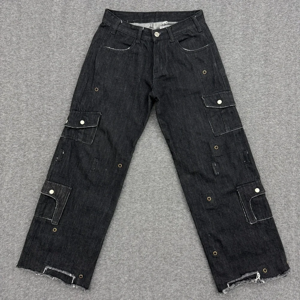 FAITPARLUI Les Demons Portent Cargo Pants Mens 28x30 Black Selvedge Denim Wide *